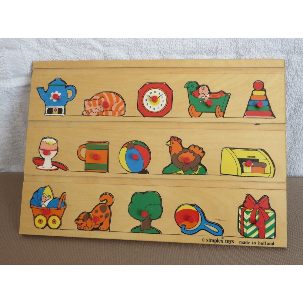 Vintage Simplex Toys Wooden Preschool Tray Peg Puzzle Board w/ Removable Pieces